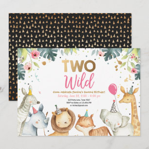Invitation Deux Wild Safari Gold Girls Animaux Anniversaire