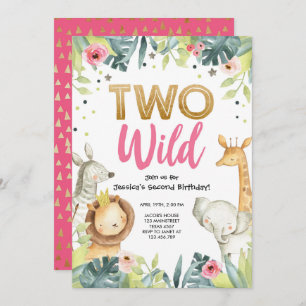 Invitation Deux Wild Safari Gold Girls Animaux Anniversaire