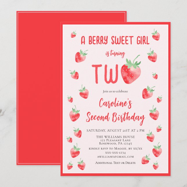 Invitation Deuxième anniversaire de fille douce aux fraises d (Devant / Derrière)