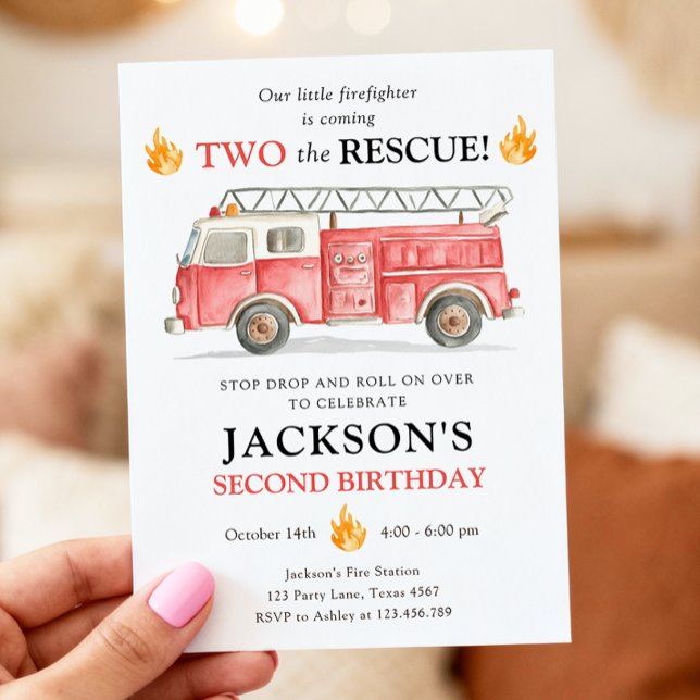 Invitation Deuxième anniversaire de Firetruck Two le garçon d (Créateur téléchargé)