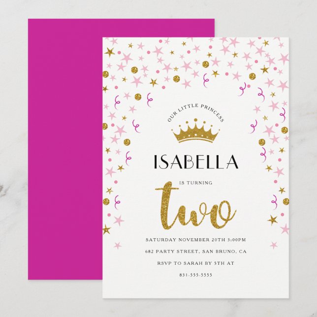 Invitation Deuxième anniversaire de la princesse| Gold & Pink (Devant / Derrière)