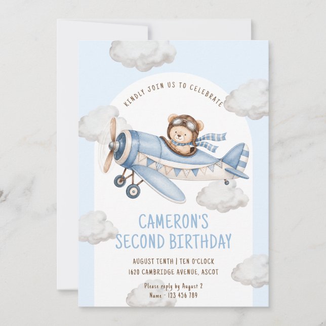 Invitation Deuxième anniversaire de l'avion de Teddy Bear (Devant)