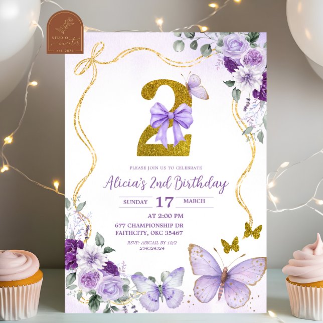 Invitation Deuxième anniversaire de papillon violet Coquette  (Créateur téléchargé)