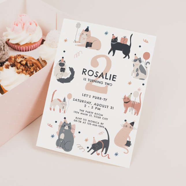 Invitation Deuxième anniversaire des filles Rose Chat  (Girls Cat Themed Birthday Invite)