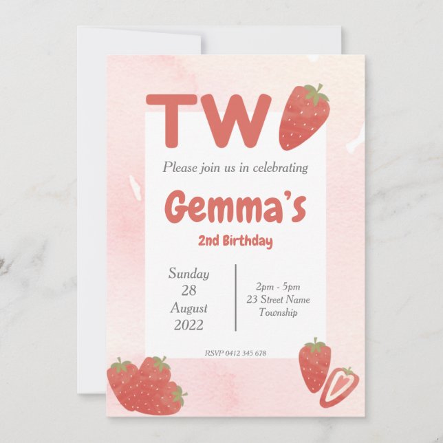 Invitation Deuxième anniversaire fraise (Devant)