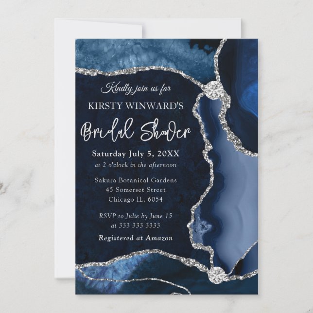 Invitation Déversoir de mariage Faux Paillettes Bleu et Argen (Devant)