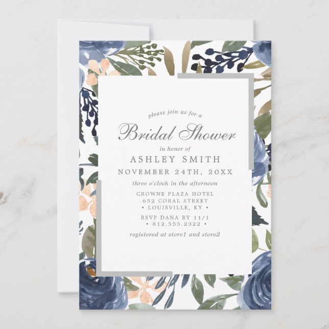 Invitation Déversoir de mariage floral bleu marine aquarelle (Devant)
