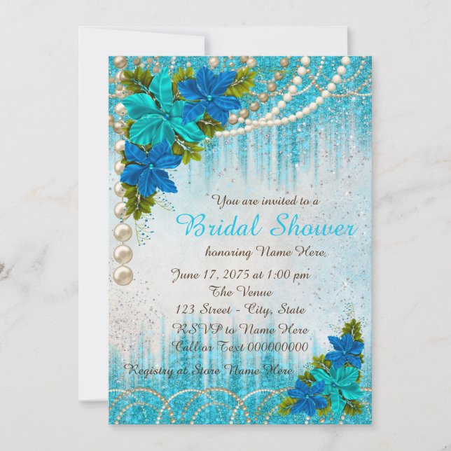 Invitation Déversoir de Mariage Floral Bleu Turquoise Perle (Devant)