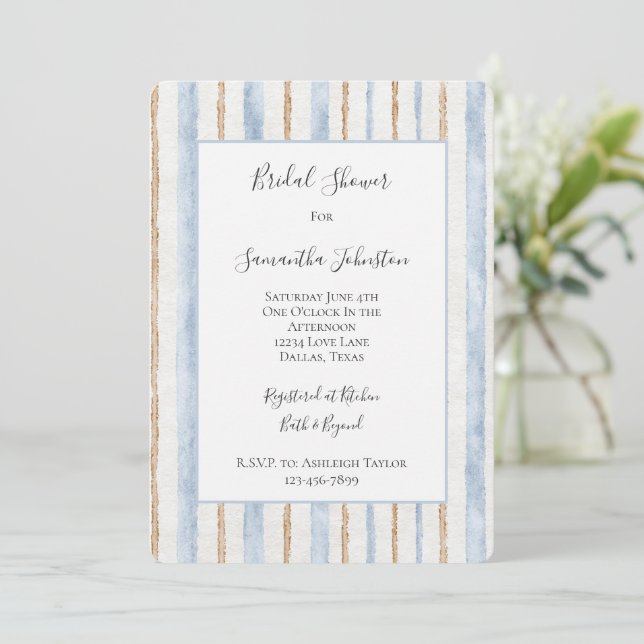 Invitation Déversoir de mariage rayures crème brunes bleues  (Debout devant)