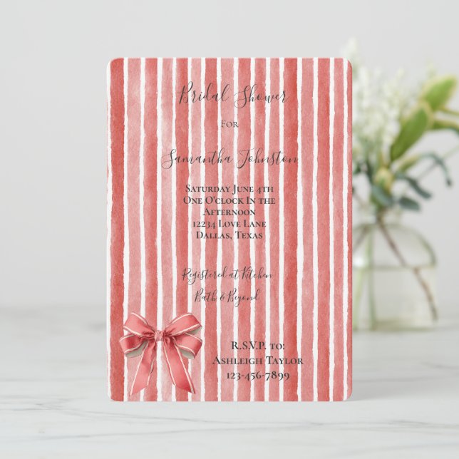 Invitation Déversoir de mariage ruban rayures rose rouge (Debout devant)