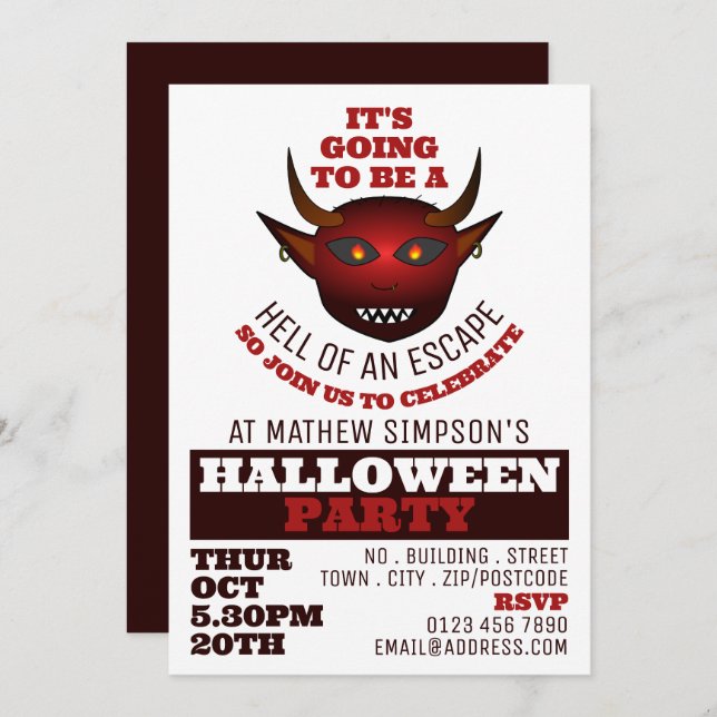 Invitation Devil's Hell Theme, Escape Room Halloween Party (Devant / Derrière)