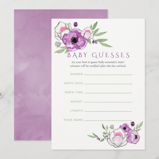 Invitation Devine bébé shower Floral Violet et Sauge (Devant / Derrière)