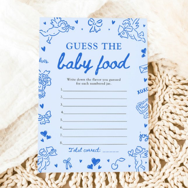 Invitation Devinez la Nourriture pour Bébé Shower Bébé au Sty (Blue Hand Drawn Baby Shower Guess The Baby Food Game)