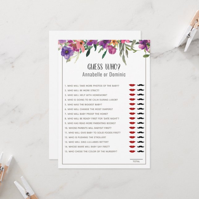 Invitation Devinez Qui Floral Editable Baby shower Jeu (Devant/Arrière en situation)