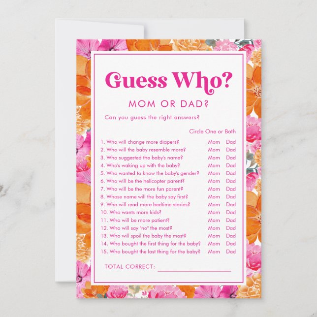 Invitation Devinez qui jeu de baby shower rose et floral (Devant)