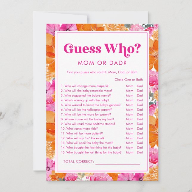 Invitation Devinez qui jeu de baby shower rose et floral (Devant)