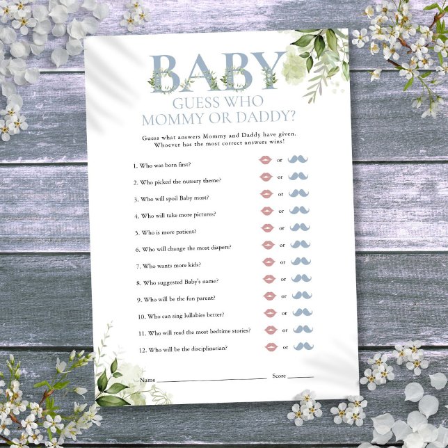 Invitation Devinez Qui Maman Papa Baby shower Vert Jeu (Guess Who Mommy Daddy Greenery Baby Shower Game Invitation)