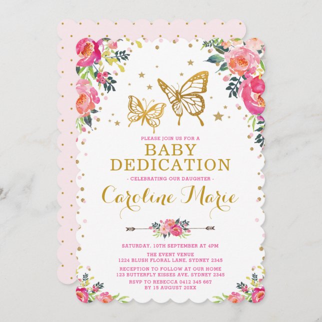 Invitation Dévouement floral de bébé d'aquarelle Girly de (Devant / Derrière)
