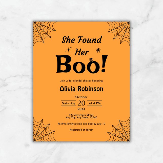 Invitation d'Fête des mariées d'Halloween noir ora (Budget Orange She Found Her Boo Halloween Bridal Shower Invitation  )