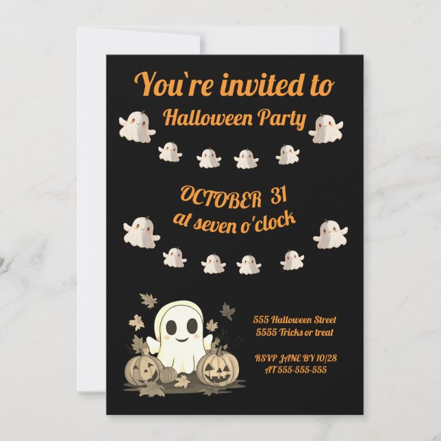Invitation d'Halloween avec un fantôme mignon (Devant)