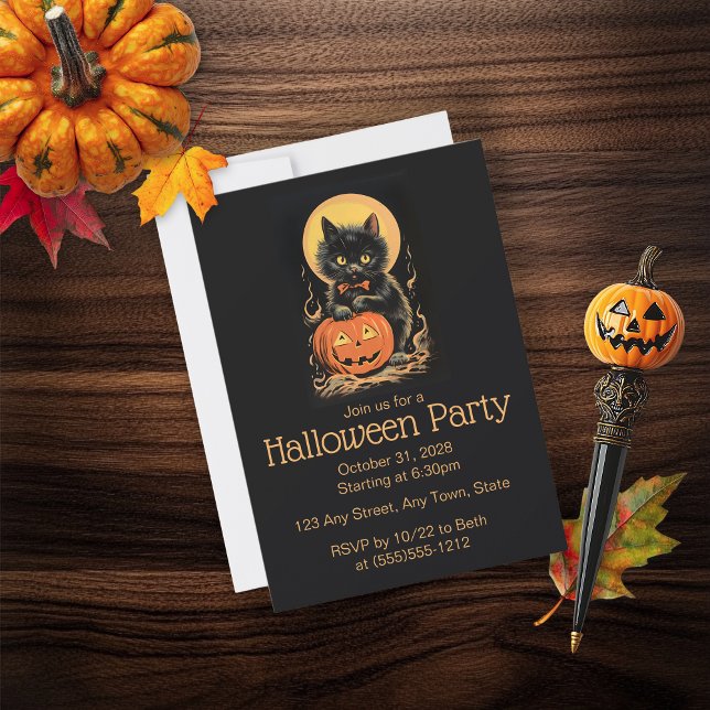 Invitation d'Halloween de chat orange et noir (Cute Cat Halloween Party Invitation)