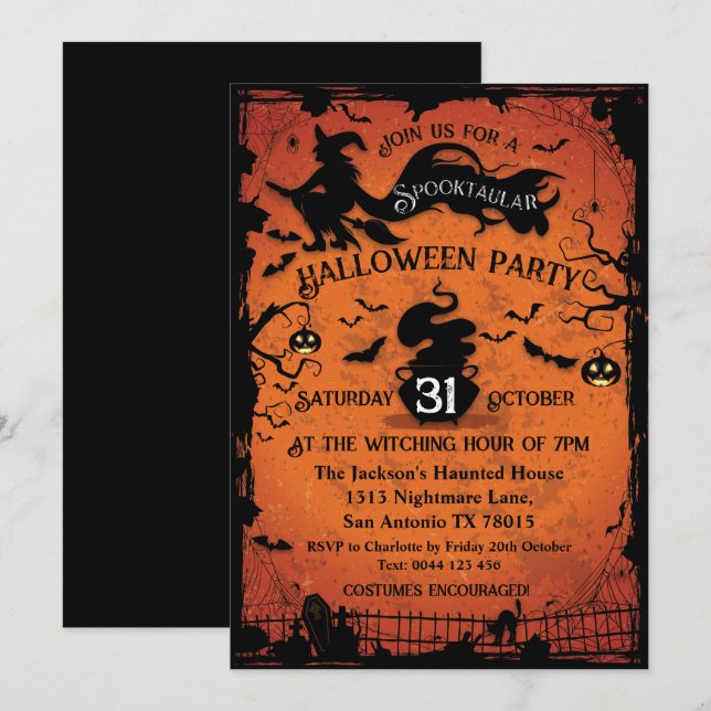 Invitation d'Halloween de sorcière et de chauves-s (Devant / Derrière)
