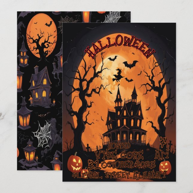Invitation d'Halloween déplaisant avec une demeure (Devant / Derrière)