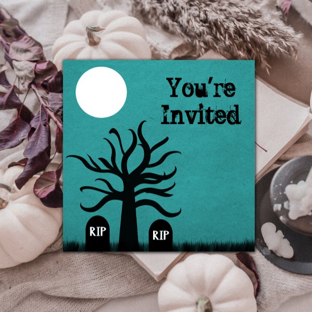 Invitation d'Halloween du cimetière effrayant, Tur (Scary Graveyard Halloween Invite - Teal)
