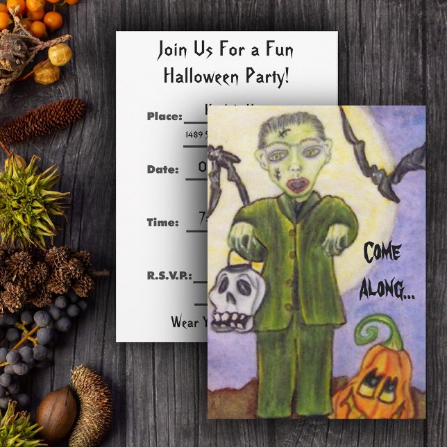 Invitation d'Halloween personnalisée Little Franke (Little Frankenstein with skull, pumpkin and bats in full moon on Halloween party invitations.)