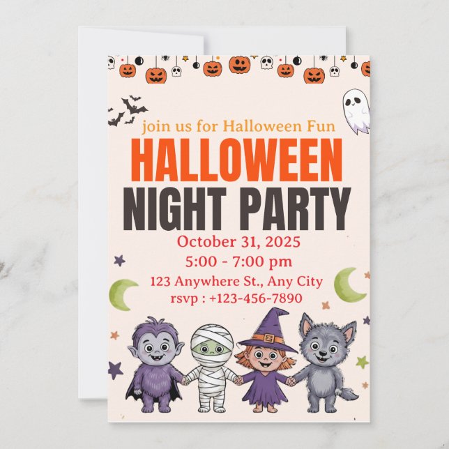 Invitation d'Halloween pour enfants mignons et eff (Devant)