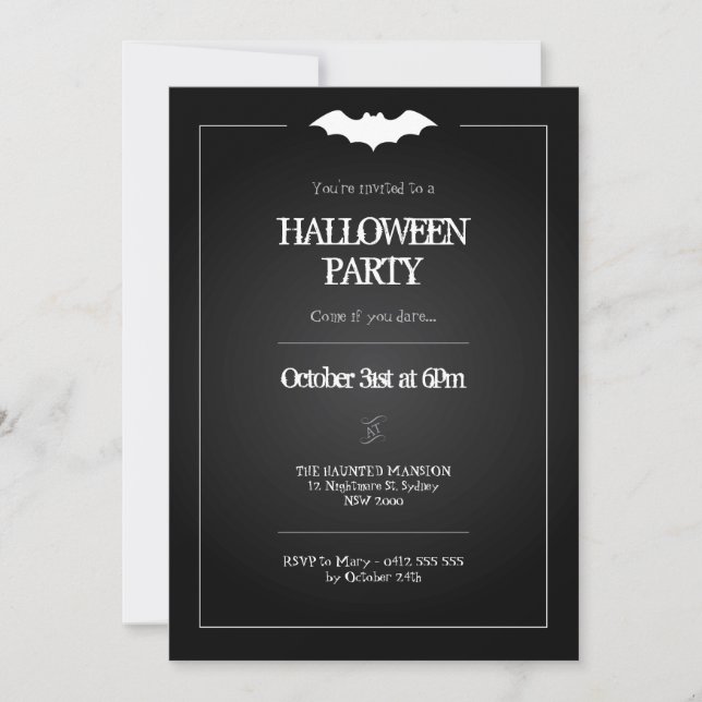 Invitation d'Halloween, Thème de chauve-souris noi (Devant)