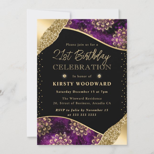 Invitation Dharma violet et or Motif 21e anniversaire (Devant)