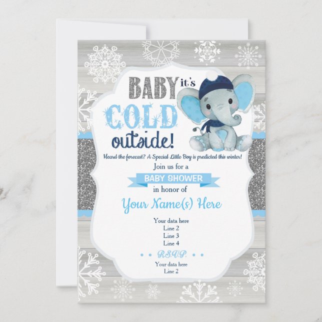 Invitation d'hiver Elephant pour le Baby shower ga (Devant)