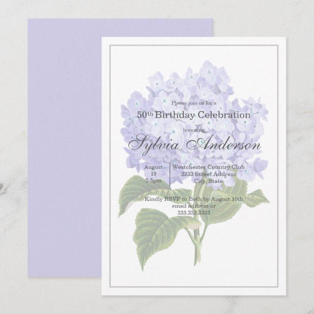 Invitation d'hydrangea botanique pour 50e annivers (Devant / Derrière)