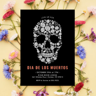 Invitation Dia de los Muertos Crâne à sucre Noir Floral