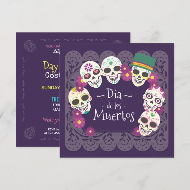 Invitation Dia de los Muertos Crânes floraux roses| Invitatio (Devant / Derrière)