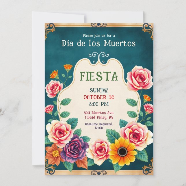 Invitation 💀🎉Dia de los Muertos Doré et Parti: (Devant)