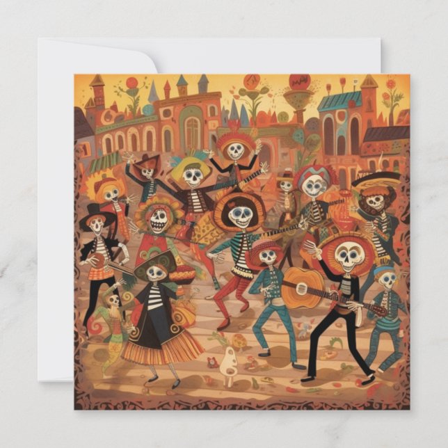 Invitation Dia de los Muertos, "Skeleton Fiesta Parade" (Devant)