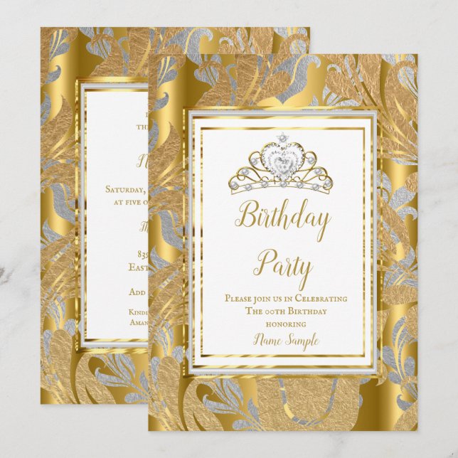 Invitation Diadème Anniversaire Gris Damassé Or (Devant / Derrière)