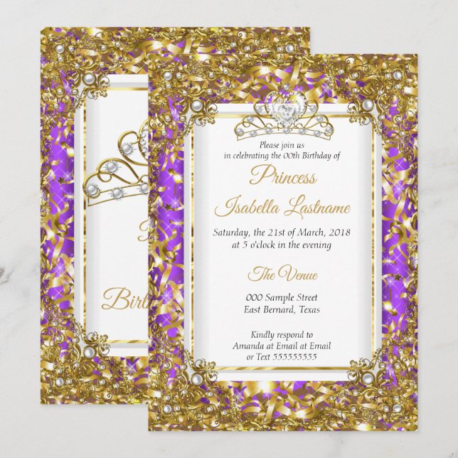 Invitation Diadème Anniversaire Or Blanc Perle Violet (Devant / Derrière)