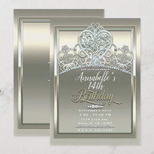 Invitation Diadème Anniversaire Princesse Coeur Ivoire Platin