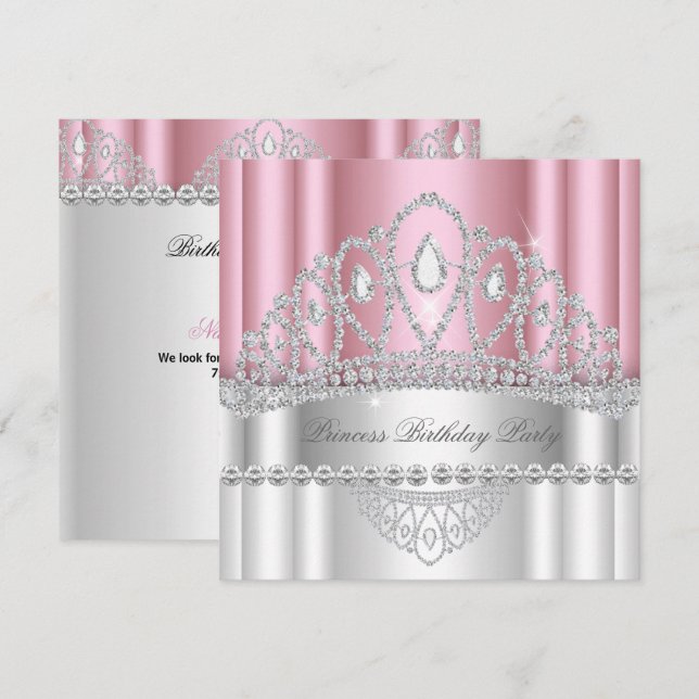 Invitation Diadème Anniversaire Princesse Rose Clair Diamant  (Devant / Derrière)