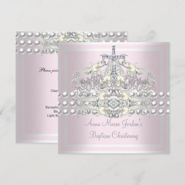 Invitation Diadème Baptême Rose Perle Blanche Diamant Argent (Devant / Derrière)
