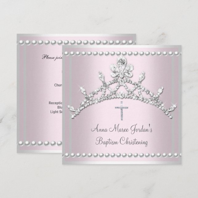 Invitation Diadème Baptême Rose Perle Blanche Diamant Argent (Devant / Derrière)