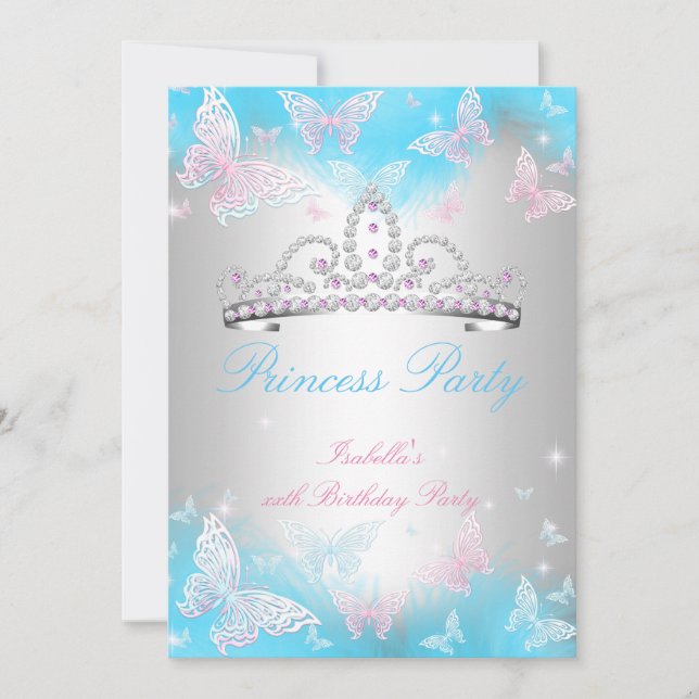 Invitation Diadème Bleu Sarcelle Papillon Rose pour Fête de P (Devant)