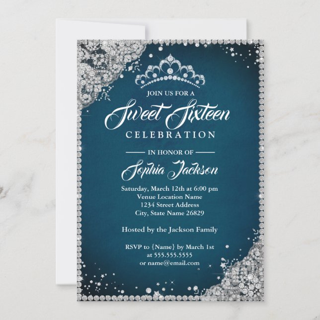 Invitation Diadème Blue Silver Diamond Lace Sparkle Sweet 16 (Devant)
