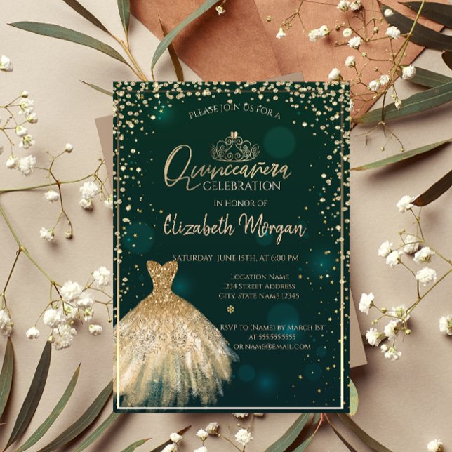 Invitation Diadème Chic Robe Dorée, Diamants Quinceañera Vert (Créateur téléchargé)