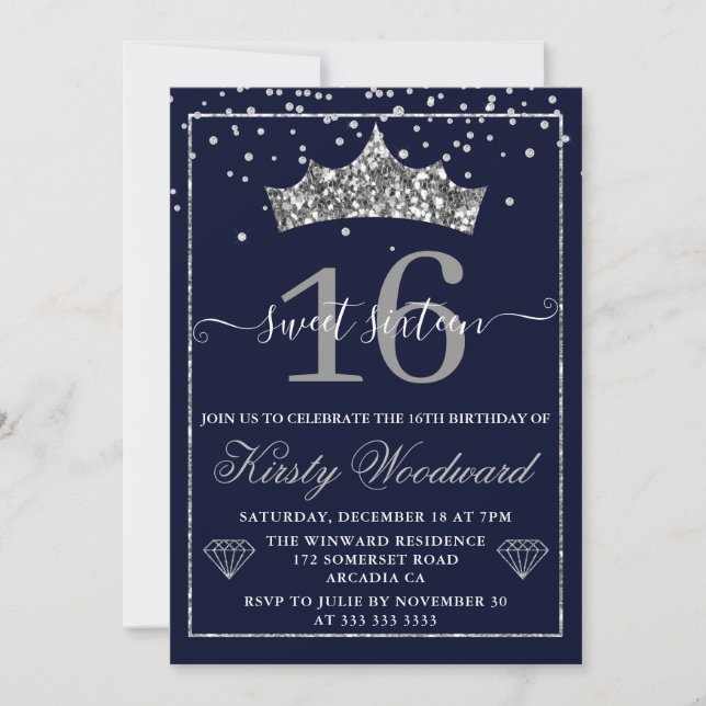 Invitation Diadème Confetti Diamant Argent Sweet 16 (Devant)