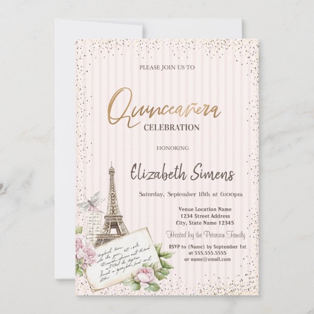 Invitation Diadème,Confettis,Tour Eiffel Roses Rayées (Devant)
