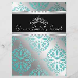 Invitation Diadème damassé bleu sarcelle noir Quinceanera